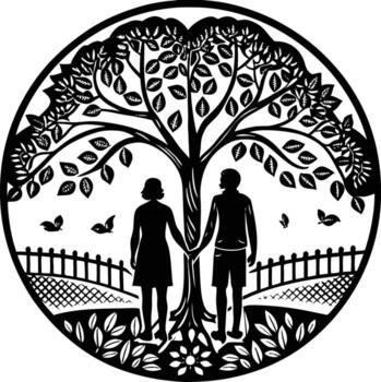 un Pareja es en pie debajo un árbol con un pájaro en el medio vector