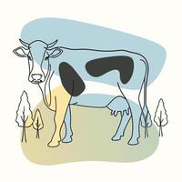 A cow standing in the field with trees and grass vector