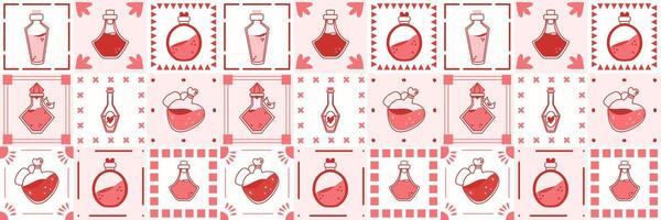 Seamless pattern with potions in retro style. Pink Background with magic potions. vector