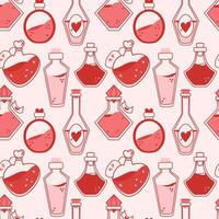 Seamless romantic pattern with potions in retro style. Pink Background with magic potions. vector