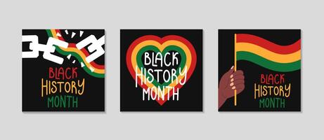 Black history month celebration cards set. Greeting square post background for Social media. Simple background with broken shackles, chains and African flag, hands and heart. Flat illustration. vector