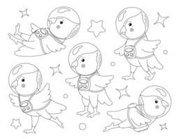 Set of cute parrots astronaut in spacesuit good for coloring page. Hand drawn illustration of a cartoon character of an astronaut. vector