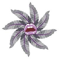 T-shirt design of sensual lips with a circle of feathers forming a mandala on a white background. vector