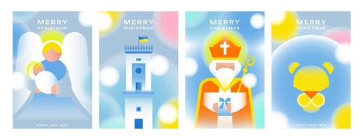 Lviv, 4 Christmas cards in a modern style. An angel with a baby, a city hall with a Ukrainian flag, St. Nicholas and a lion, the symbol of the city. Made in pastel colors, blur effect and gradients. vector