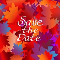 Save the date lettering text copy space template banner. Bright autumn background with leaves. Greeting card, invitation, badge, sale banner, label vector