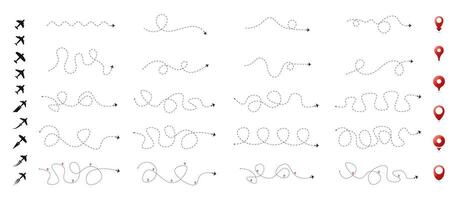 Airplane line path. Plane routes illustration. Airplane flying paths collection. Plane route lines, aircraft tracking. Travel icons set vector