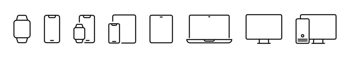 Device line icon set. Electronic devices and gadgets icons. Computer monitor, smartphone, tablet and laptop vector