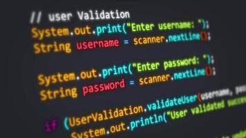 Colorful code scrolling animation, developer is writing program lines in Java language suitable for footage about creating application software. video