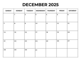 december 2025 Monthly Calendar design with Notes and week starts from sunday vector
