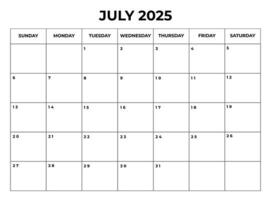 July 2025 Monthly Calendar design with Notes and week starts from sunday vector