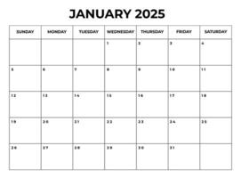 January 2025 Monthly Calendar design with Notes and week starts from sunday vector