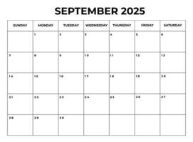 September 2025 Monthly Calendar design with Notes and week starts from sunday vector