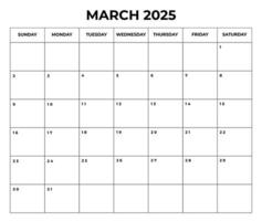 March 2025 Monthly Calendar design with Notes and week starts from sunday vector