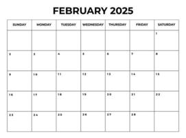 February 2025 Monthly Calendar design with Notes and week starts from sunday vector