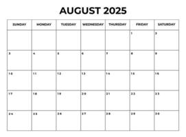 August 2025 Monthly Calendar design with Notes and week starts from sunday vector