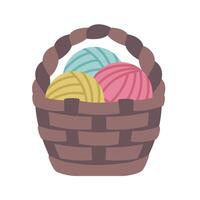 Balls of yarn and knitting needles in Handmade box. Wicker basket with color yarn and threads isolated. Hand drawn Knitting tools, wool balls. Needlework. illustration vector