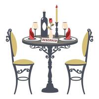 Valentine table. Romantic dinner. Vintage table and chairs with elegant luxury tableware. Restaurant table in romantic setting. Table for two with bottle of wine, glasses, rose, cutlery. vector