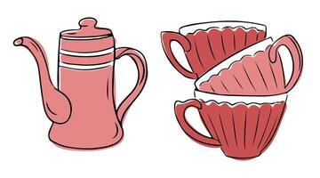Elegant hand drawn tea set with vintage teapot and stacked cups in retro doodle style with soft pink tones. Hand drawn drawing isolated on white background vector