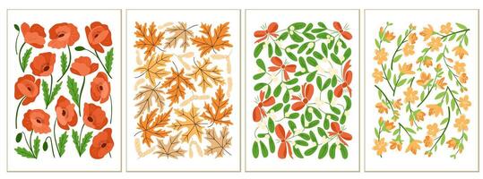 Collection of seasonal botanical posters with poppies, maple leaves with maple keys, mistletoes with red bows and delicate apricot flowers vector