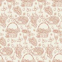 Seamless hand drawn pattern with doodle grapes, baskets, wine glasses, and bowls with outline design in warm tones on light background vector