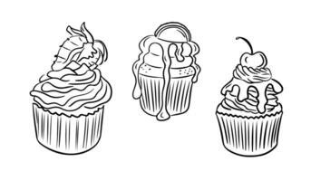 Set of three hand drawn outline cupcakes with decorative toppings including strawberries, cherries, and dripping icing in a doodle style vector