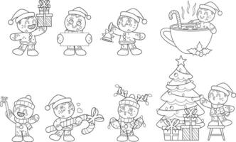 Outlined Christmas Gingerbread Man Cartoon Character In Different Poses. Hand Drawn Collection Set vector