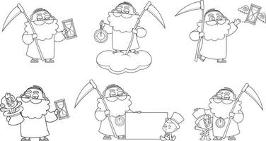 Outlined New Year Baby And Father Time Man Cartoon Characters. Hand Drawn Collection Set Isolated On Transparent Background vector