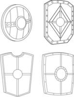 Outlined Cartoon Medieval Shields Weapons. Hand Drawn Collection Set vector