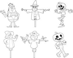 Outlined Scarecrow Cartoon Characters. Hand Drawn Collection Set vector