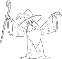 Outlined Old Wizard Cartoon Character With A Cane Making Magic vector