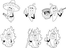 Outlined Funny Hot Chili Pepper Cartoon Characters. Collection Set vector