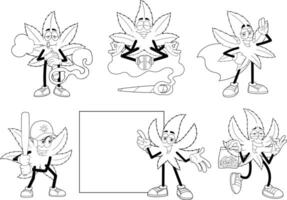 Outlined Funny Marijuana Leaf Cartoon Characters. Collection Set Isolated On Transparent Background vector