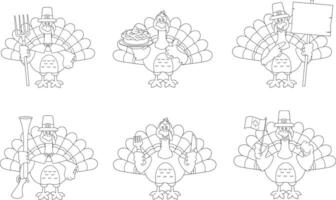 Outlined Thanksgiving Turkey Bird Cartoon Character. Hand Drawn Collection Set Isolated On Transparent Background vector