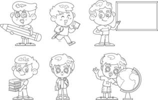 Outlined School Boys Cartoon Characters. Hand Drawn Collection Set vector