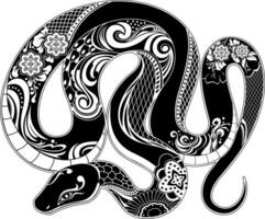 Year of the Snake 2025 Traditional Chinese Black Snake With Decorative Floral Patterns vector