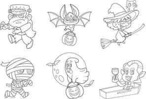 Outlined Funny Halloween Cartoon Characters. Hand Drawn Collection Set vector