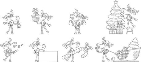 Outlined Funny Reindeer Cartoon Character In Different Poses. Hand Drawn Collection Set vector