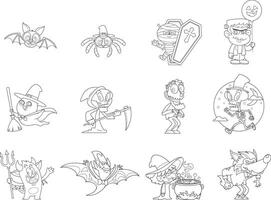 Outlined Halloween Funny Cartoon Characters. Hand Drawn Collection Set Isolated On Transparent Background vector