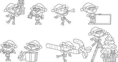 Outlined Funny Christmas Elf Cartoon Characters. Hand Drawn Collection Set Isolated On Transparent Background vector