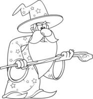 Outlined Old Wizard Character With A Cane Making Magic vector