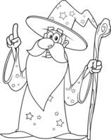 Outlined Old Wizard Cartoon Character With A Cane Pointing vector