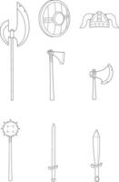 Outlined Cartoon Medieval Weapons. Hand Drawn Collection Set vector