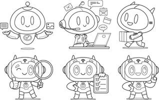 Outlined Funny AI Robot Chat Bot Cartoon Characters. Hand Drawn Collection Set vector