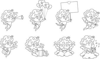 Outlined Cute Cupid Angel Cartoon Character. Hand Drawn Collection Set Isolated On Transparent Background vector