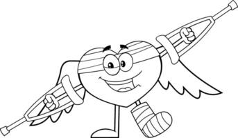 Outlined Broken Heart Cartoon Character With Crutches And Plastered Leg. Illustration Isolated On Transparent Background vector