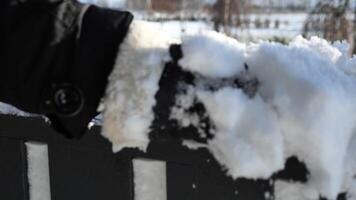 Woman wearing gloves shakes snow off wooden railings of her homes gazebo, clearing snow in a serene winter setting. Snowflakes fall softly as she ensures the space is neat and safe video