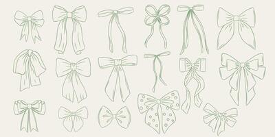 Set of bow in vintage style. Doodle outline bow. Design elegant green elements vector