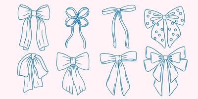 Set of bow in vintage style. Doodle outline bow. Design elegant blue elements vector