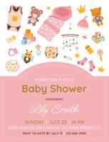 Vertical invitation card for a baby shower, birthday, or gender reveal party. It's a Girl. Isolated postcard template with baby essentials and text on pink background. vector