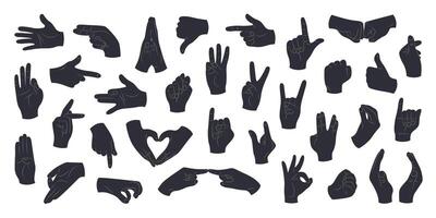 Silhouettes of human hands with different gestures and positions. Hands showing rock sign, OK, luck, greeting, like, dislike, fist, love. Isolated black illustrations on a white background. vector